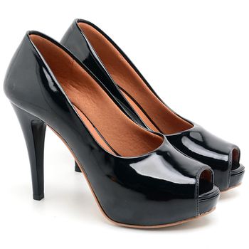 Peep Toe Ella's Meia Pata Salto Alto Verniz Preto - ELLA´S ONLINE | Calçados e Acessórios Femininos