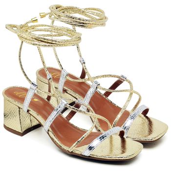 5542 Sandália Bico Quadrado Salto Bloco Médio Cristal Ouro Light/Prata - ELLA´S ONLINE | Calçados e Acessórios Femininos