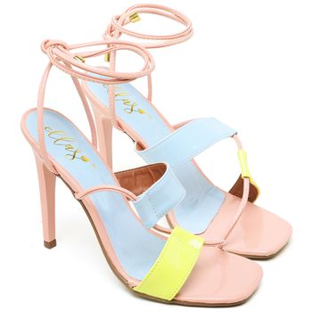 7544 Sandália Bico Quadrado Salto Alto Verniz Amarelo/Azul - ELLA´S ONLINE | Calçados e Acessórios Femininos