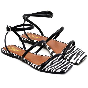 Sandália Rasteira Bico Quadrado Napa Preto/Zebra - ELLA´S ONLINE | Calçados e Acessórios Femininos