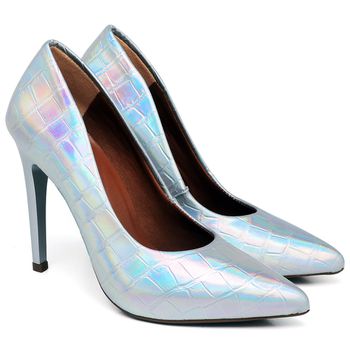 Scarpin Salto Alto Croco Holografico Prata - ELLA´S ONLINE | Calçados e Acessórios Femininos