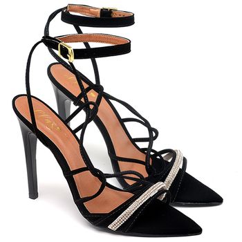 7949 Sandália Salto Alto Bico Folha Nobuck Preto Tira Strass - ELLA´S ONLINE | Calçados e Acessórios Femininos