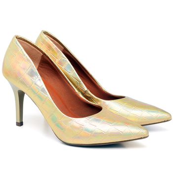 Scarpin Salto Médio Croco Holografico Dourado - ELLA´S ONLINE | Calçados e Acessórios Femininos