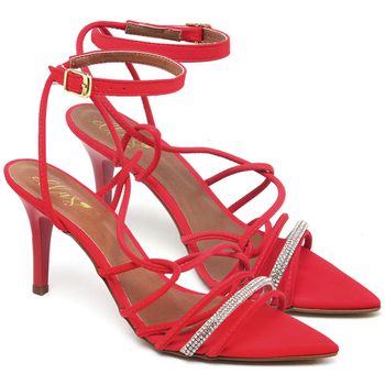 8949 Sandália Salto Médio Bico Folha Nobuck Vermelho Tira Strass - ELLA´S ONLINE | Calçados e Acessórios Femininos
