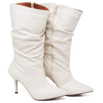 9106 Bota Cano Médio Enrugado Salto Fino Médio Napa Off White - ELLA´S ONLINE | Calçados e Acessórios Femininos