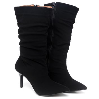 9106 Bota Cano Médio Enrugado Salto Fino Médio Nobuck Preto - ELLA´S ONLINE | Calçados e Acessórios Femininos