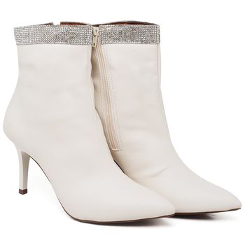 9107 Bota Cano Curto com Strass Salto Médio Napa Off White - ELLA´S ONLINE | Calçados e Acessórios Femininos