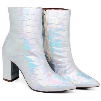 9501 Bota Cano Curto Salto Grosso Médio Croco Prata - ELLA´S ONLINE | Calçados e Acessórios Femininos