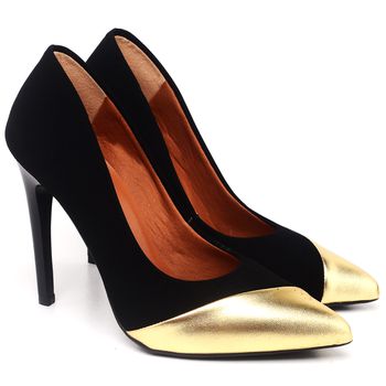 Scarpin Salto Alto Bicolor Nobuck Preto & Metal. Ouro - ELLA´S ONLINE | Calçados e Acessórios Femininos