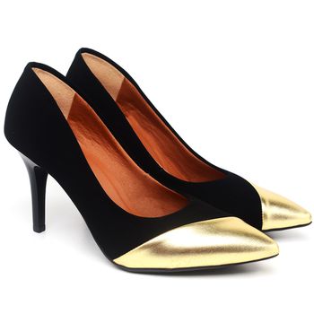 Scarpin Salto Médio Bicolor Nobuck Preto & Met. Ouro - ELLA´S ONLINE | Calçados e Acessórios Femininos