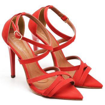7911 Sandália Bico Folha Salto Alto Fino Tiras Finas Vermelho - ELLA´S ONLINE | Calçados e Acessórios Femininos