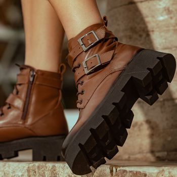 Bota Coturno Tratorada Dorf Feminina Couro Tabaco - DORF