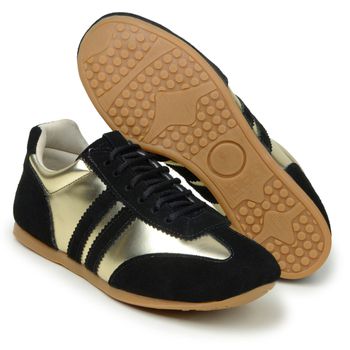 Tenis Feminino Casual Dorf Retro Couro Preto e Ouro - DORF