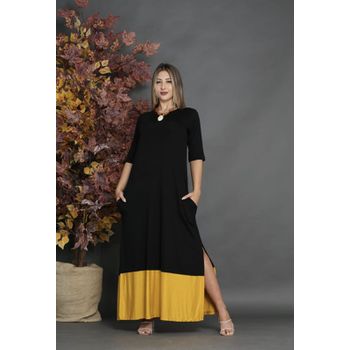 Vestido Longo Com Barra Bicolor Preto Amarelo - Ever Way