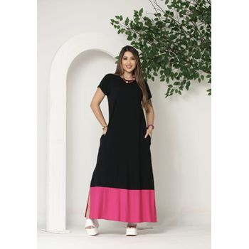 Vestido Longo Com Barra Bicolor Preto Rosa - Ever Way