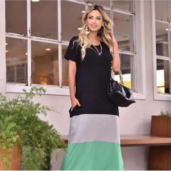 Vestido Longo Tricolor Preto Cinza Verde - Ever Way