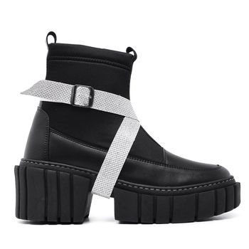 Bota Coturno Livia Fivela Gliter Branca Dupla Preta - Ever Way