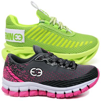 Kit 2 Tênis Infantil Evoltenn Trança e Impacto Verde e Cinza Pink