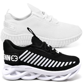 Kit 2 Tênis Infantil Esportivo Modelos Diferentes Preto Branco e Branco