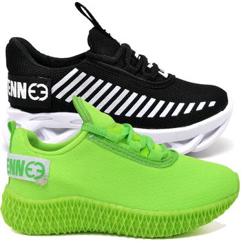 Kit 2 Tênis Infantil Esportivo Modelos Diferentes Preto Branco e Verde