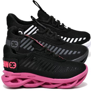 kit 3 Tênis Infantil Evoltenn Sola Trança Escolar Black, Preto Branco e Preto Pink