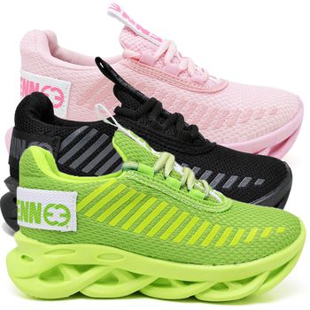kit 3 Tênis Infantil Evoltenn Sola Trança Escolar Black, Rosa e Verde