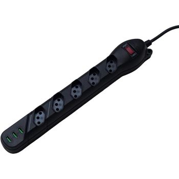 FILTRO DE LINHA 5 TOMADAS E 3 USB PRETO - FLUZÃO CONSTRUÇÃO