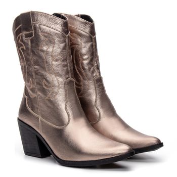 Botas Femininas Texanas Cano Médio Couro Dourado - FrancaSapatos | Sapatos em Couro Direto da Fábrica