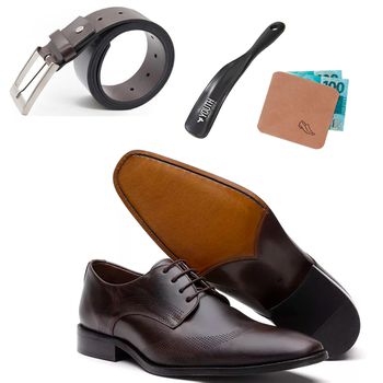 Kit Masculino Oxford Crazy Horse + Cinto Couro Marrom + Porta Cédulas + Calçadeira