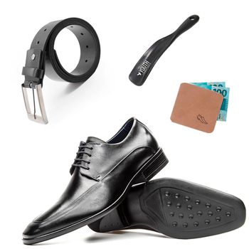 Kit Masculino Derby + Cinto Couro Preto + Porta Cédulas + Calçadeira