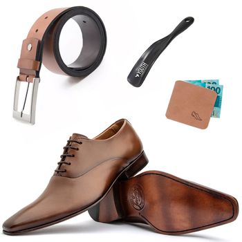 Kit Masculino Oxford + Cinto Couro Whisky + Porta Cédulas + Calçadeira