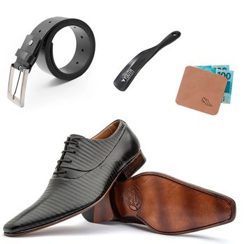 Kit Masculino Oxford Estampado + Cinto Couro Preto + Porta Cédulas + Calçadeira