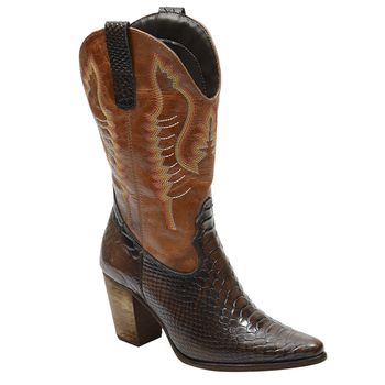 Bota Texana Feminina Cano Longo Couro Anaconda Marrom - Franca Sapatos | Sapatos em Couro Direto da Fábrica