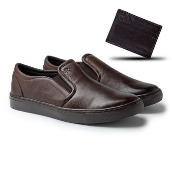 Slip On Yate em Couro Masculino Stratus Café + Brinde Porta Cartão - 07804-2629 - Calçados Laroche