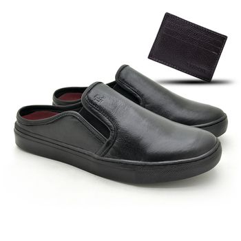 Mule Masculino em Couro Legitimo Stratus Preto + Brinde Porta Cartão - 07803-1625SP - Calçados Laroche