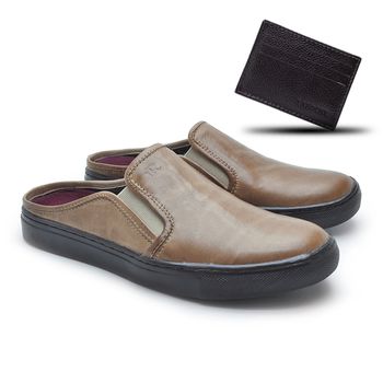 Mule Masculino Stratus Areia em Couro Legitimo + Brinde Porta Cartão - 07803-1895 - Calçados Laroche