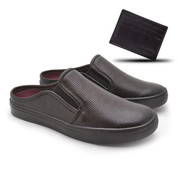 Mule Masculino Stratus Café em Couro Legitimo + Brinde Porta Cartão - 07803-2629 - Calçados Laroche