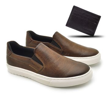 Slip On Yate Masculino Connect em Couro - Chocolate + Brinde Porta Cartão - 07312-2979 - Calçados Laroche