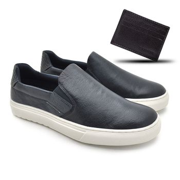 Slip On Yate Masculino Connect em Couro - Marinho + Brinde Porta Cartão - 07312-2994 - Calçados Laroche