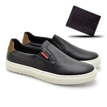 Slip On Iate Masculino Connect em Couro - Preto + Brinde Porta Cartão - 07326-3263 - Calçados Laroche