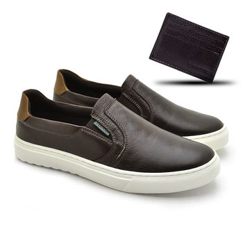 Slip On Iate Masculino Connect em Couro - Café + Brinde Porta Cartão - 07326-3264 - Calçados Laroche