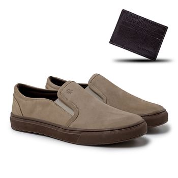 Slip On Yate Masculino Connect em Couro - Bege E L + Brinde Porta Cartão - 07340-3585 - Calçados Laroche