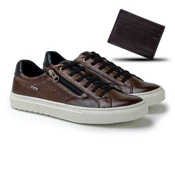 Sapatenis em Couro Casual Masculino Connect - Chocolate + Brinde Porta Cartão - 07330-3151 - Calçados Laroche