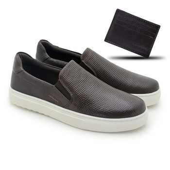 Slip On Yate Masculino Connect em Couro - Café + Brinde Porta Cartão - 07311-2999 - Calçados Laroche