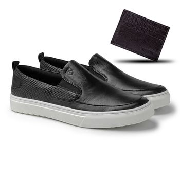 Slip On Yate Masculino Connect em Couro - Preto + Brinde Porta Cartão - 07331-1625 - Calçados Laroche