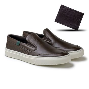 Slip On Yate Masculino Connect em Couro - Café + Brinde Porta Cartão - 07338-3384 - Calçados Laroche