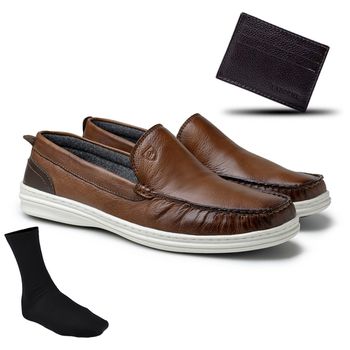 Mocassim Ferrara em Couro - Brown + Brinde Meia e Porta Cartão - 014002-2632 - Calçados Laroche