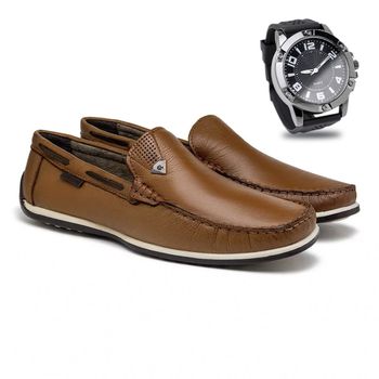 Mocassim Paraty de Couro - Conhaque E L + Brinde Relógio - Calçados Laroche