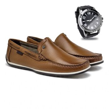 Mocassim Paraty de Couro - Conhaque E L + Brinde Relógio - Calçados Laroche