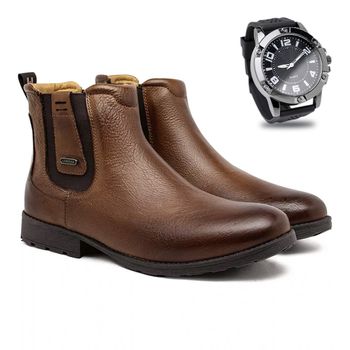 Bota Chelsea Saara em Couro - Conhaque E L + Brinde Relógio - Calçados Laroche